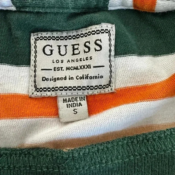 Vtg GUESS Striped T-Shirt Short Sleeve Orange Green Tan Embroidery Logo 90s Y2K. - Picture 4 of 6